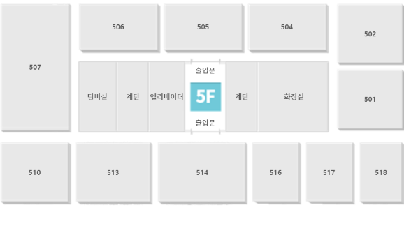 5층 안내도 : 중앙 복도와 출입문을 중심으로 좌측에는 탕비실, 계단, 엘리베이터가 위치해 있으며, 우측에는 계단, 화장실이 위치해 있습니다.